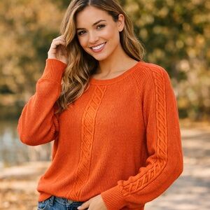 Lauren Conrad Orange Rib Knit Cable Detail Sweater Cozy Classic Fit Size Medium